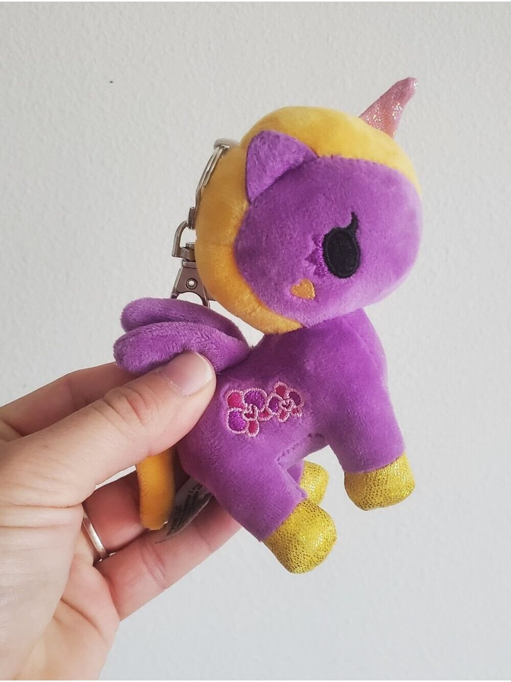 tokidoki Purple and Yellow Unicorn Plush Keychain with Gold Hooves